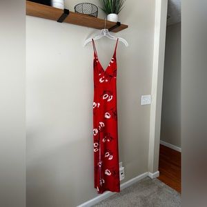 Lulu’s Red Cherry Blossom Front/Side-slit Maxi Dress - Size S